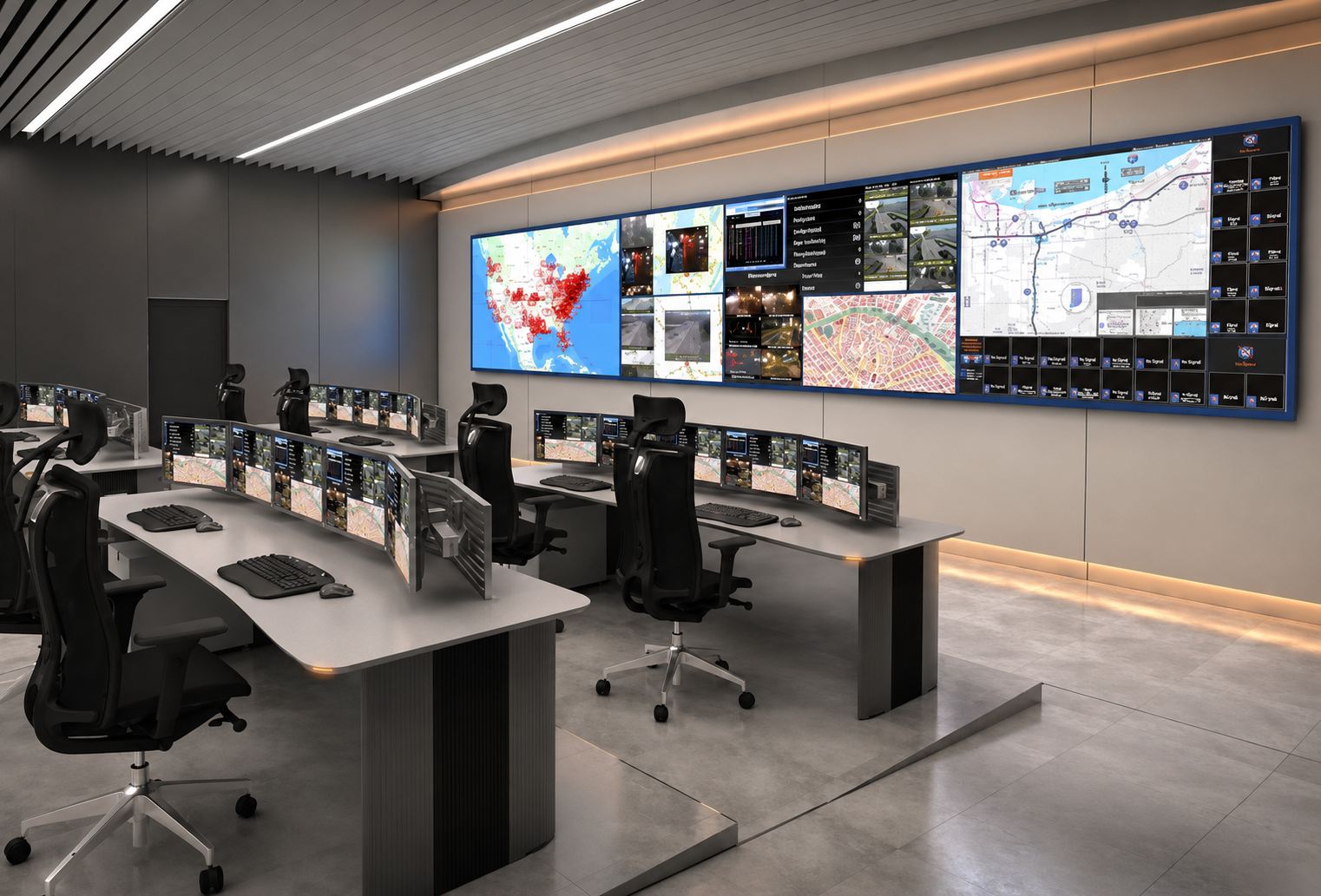 Control room concept with a large video wall and operator consoles